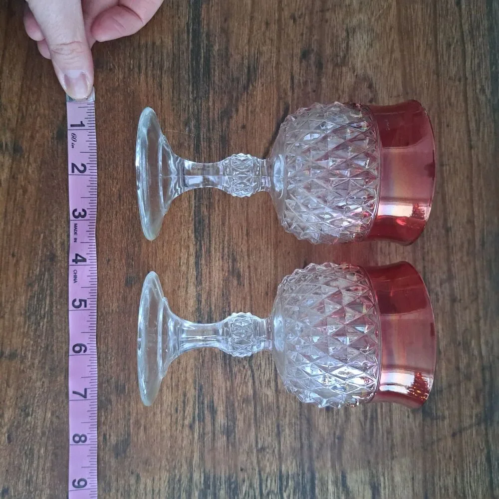 Vintage Set Of 2 Diamond Point Ruby Pink Water Wine Crystal Goblet Indiana Glass
